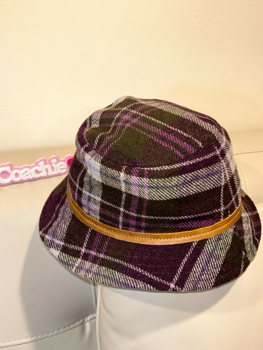 Coach Plaid Wool Bucket Hat with Tan Leather Trim
